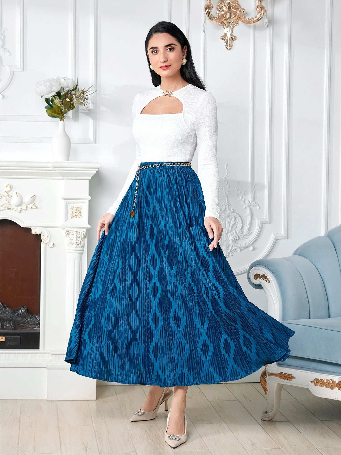 CM-BS181097 Women Elegant Seoul Style Geo Pattern High Waist Pleated Skirt - Blue