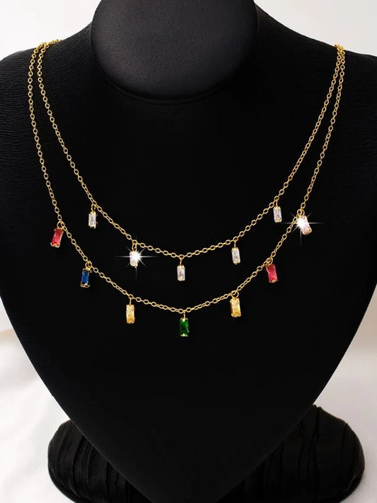 CM-AXS450981 Women Trendy Seoul Style Zircon Charm Layered Necklace
