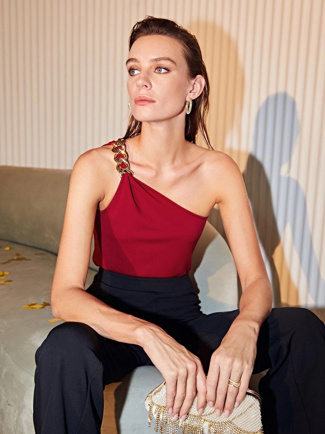 CM-TS065961 Women Casual Seoul Style Premium One Shoulder Chain Top - Burgundy