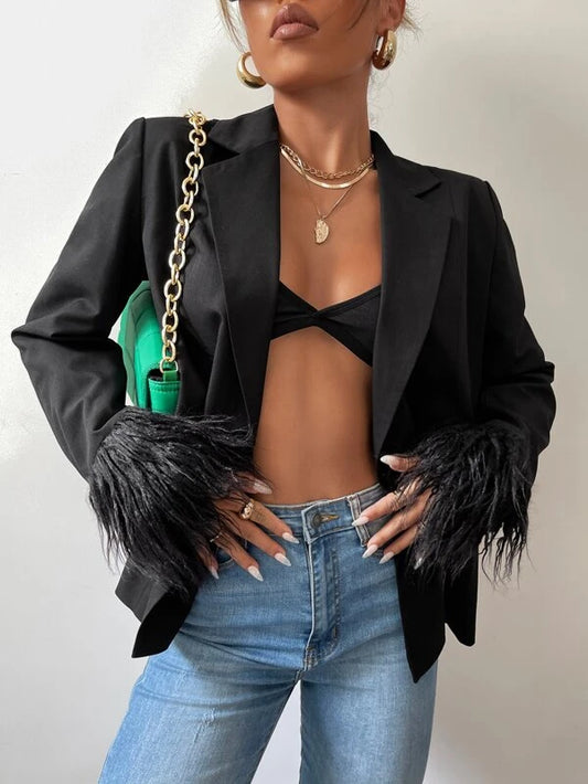 CM-CS607535 Women Elegant Seoul Style Notched Collar Fuzzy Cuff Blazer - Black