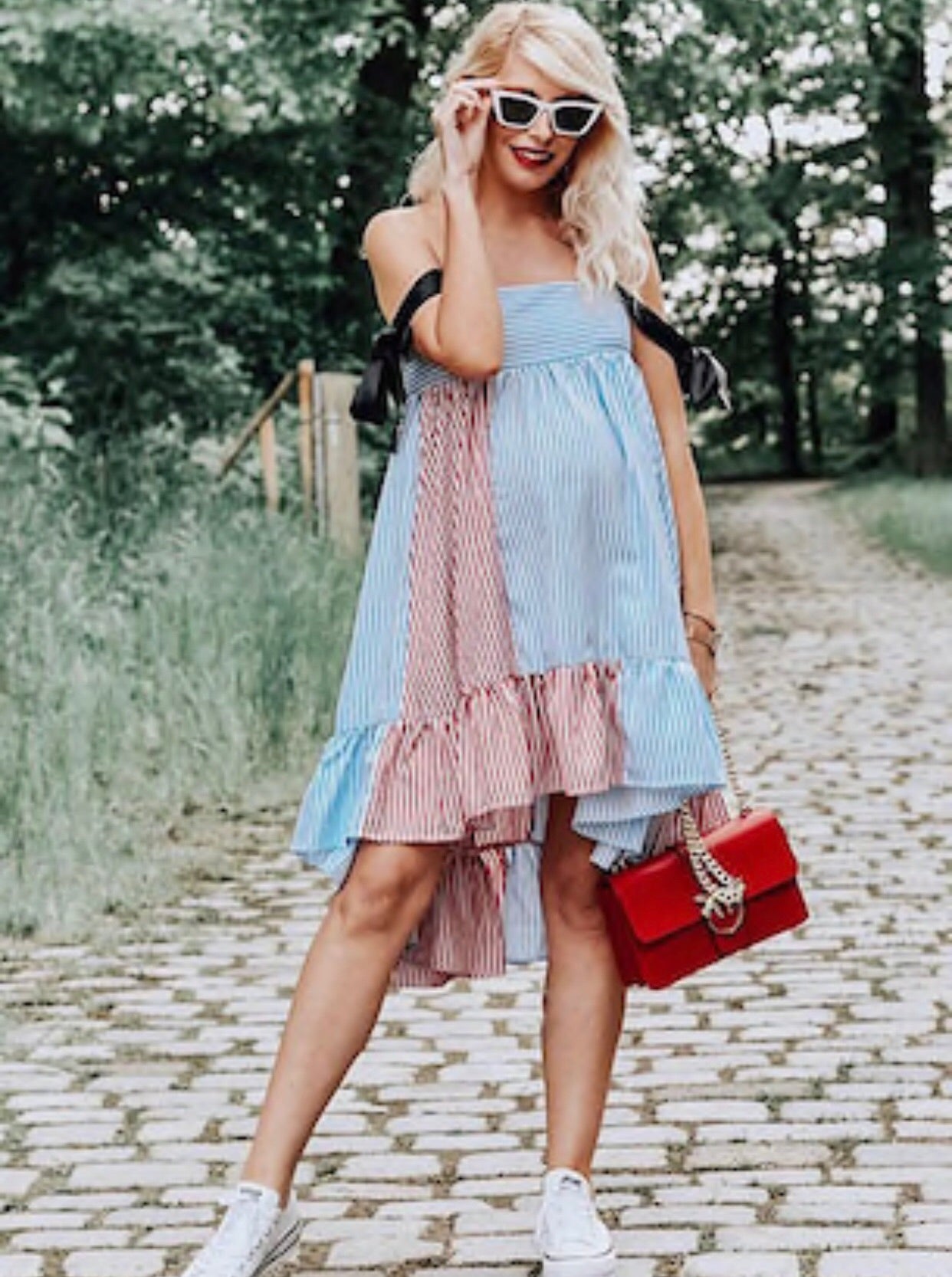 CM-DS226409 Women Casual Seoul Style Self Tie Shoulder Dip Hem Striped Dress - Blue