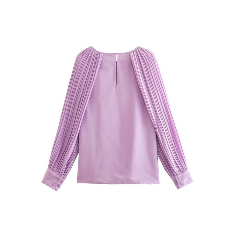 CM-T008943 Women Charming European Style Round Neck Small Pleated Cape Shirt - Purple