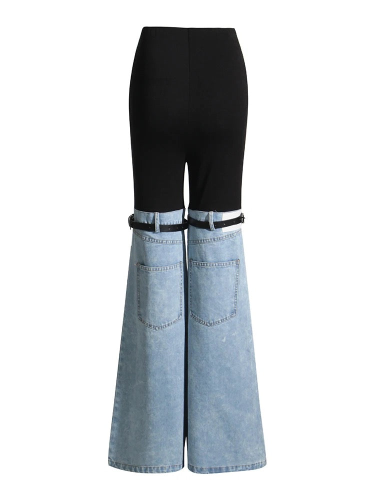 CM-BS394788 Women Preppy Seoul Style Patchwork High Waist Spliced Pocket Temperament Wide Leg Pants