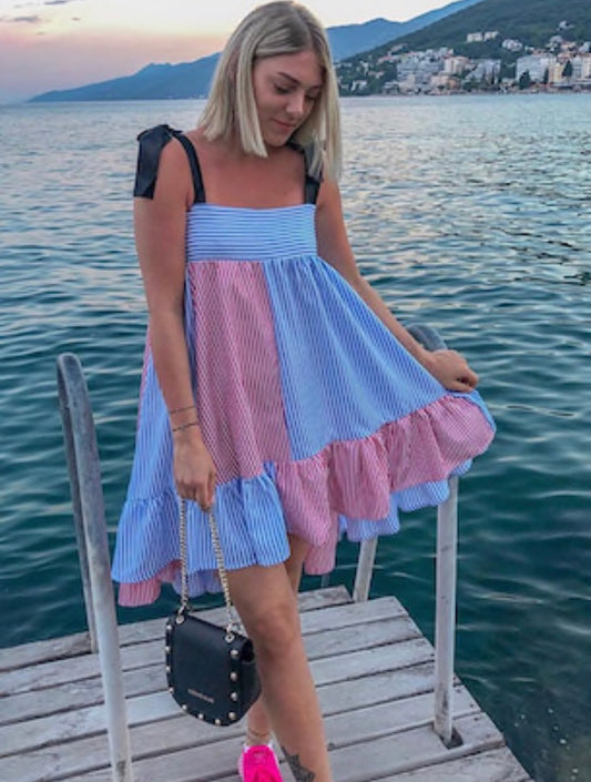 CM-DS226409 Women Casual Seoul Style Self Tie Shoulder Dip Hem Striped Dress - Blue