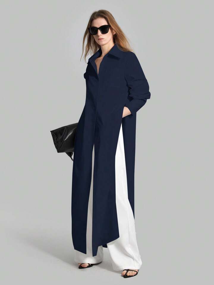 CM-TS896861 Women Casual Seoul Style Shirt Collar Long Sleeve Front Button High Slit Long Shirt - Navy Blue