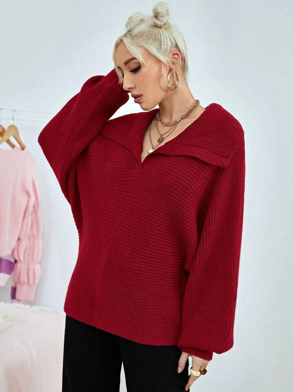 CM-CS285837 Women Casual Seoul Style Loose Fold Collared Bishop Sleeve Sweater - Red