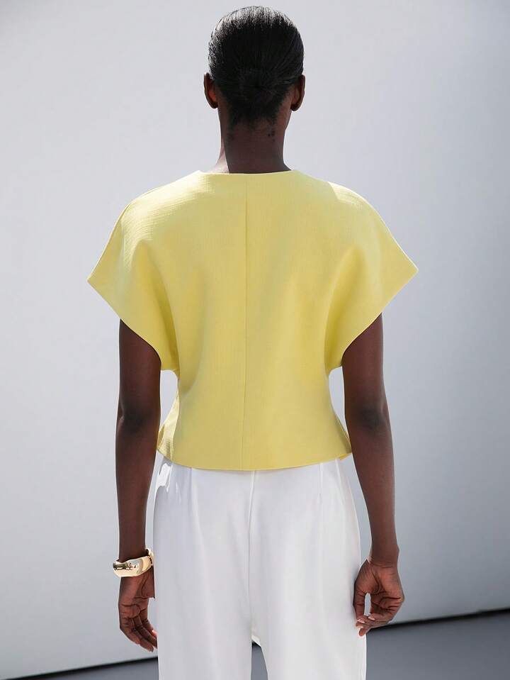 CM-TS203213 Women Casual Seoul Style V-Neck Drop Shoulder Single Button Front Asymmetric Hem Blouse