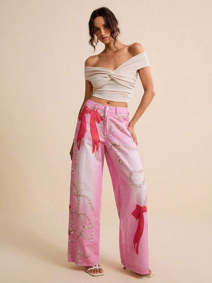 CM-BS460311 Women Casual Seoul Style Low Waist Diamond Necklace Butterfly Print Wide Leg Denim Pants - Pink