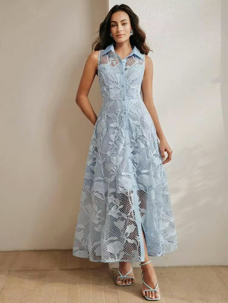 CM-DS689993 Women Elegant Seoul Style Collar Neckline Sleeveless Lace Patchwork Waist Cinched A-Line Dress - Blue