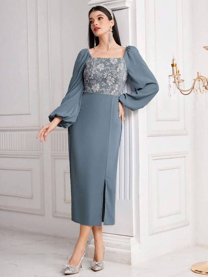CM-DS952331 Women Casual Seoul Style Jacquard Patchwork Split Hem Lantern Sleeve Dress