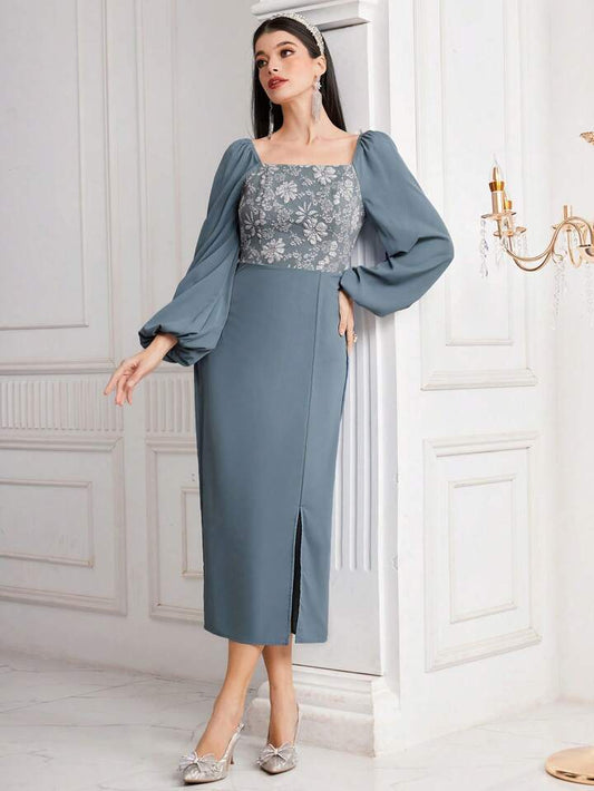 CM-DS952331 Women Casual Seoul Style Jacquard Patchwork Split Hem Lantern Sleeve Dress