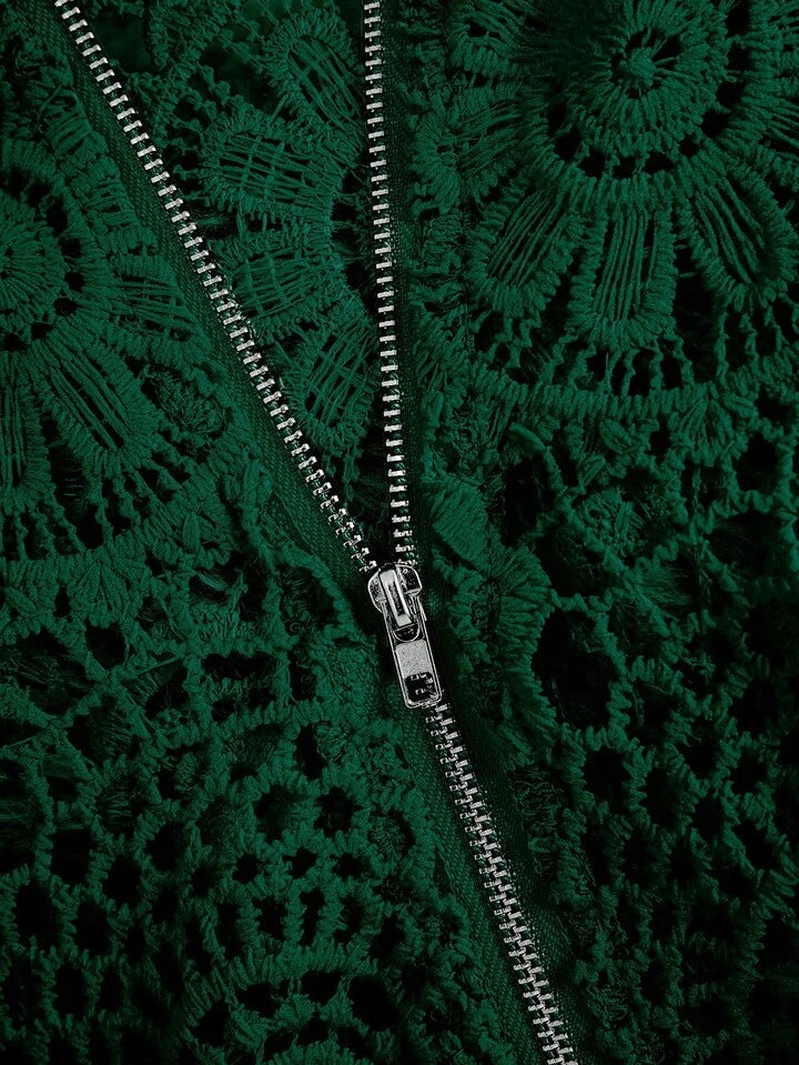 CM-TS166566 Women Casual Seoul Style Floral Lace Hollow Zipper Front Long Sleeve Blouse - Dark Green