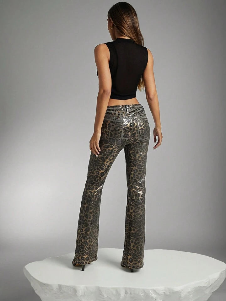 CM-BS981559 Women Casual Seoul Style Leopard Print Pocket Flared Extra Long Denim Jeans