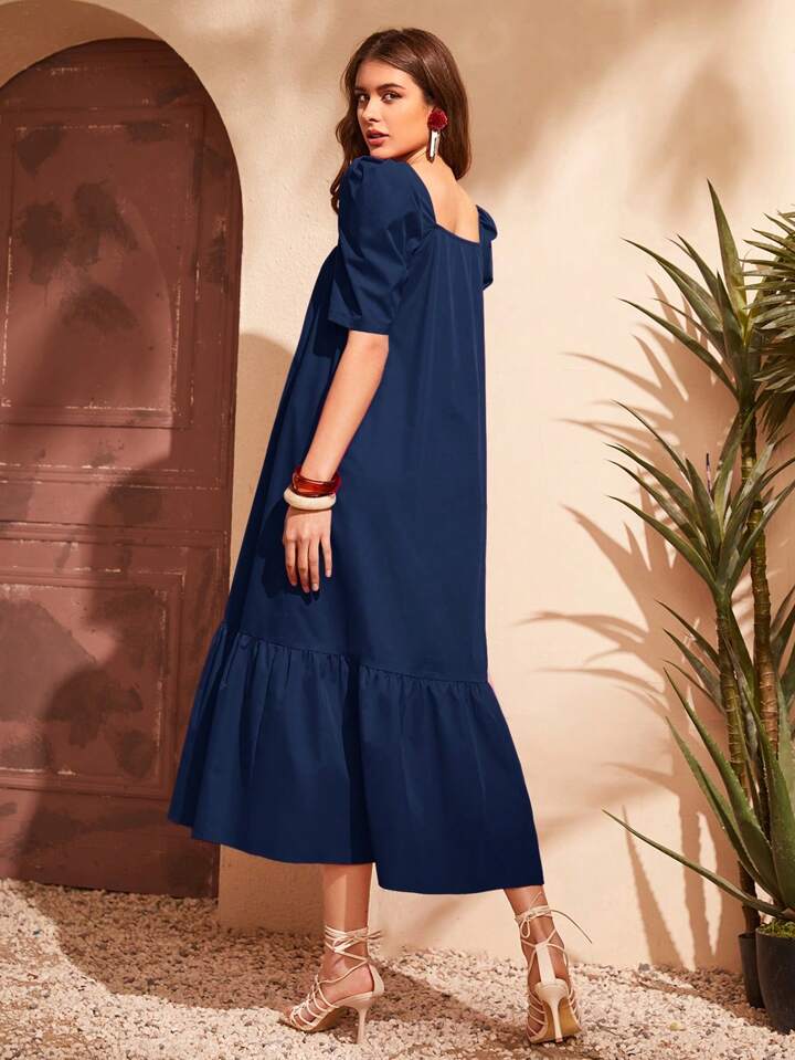 CM-DS943684 Women Casual Seoul Style Puff Sleeve Ruffle Hem Smock Dress - Navy Blue