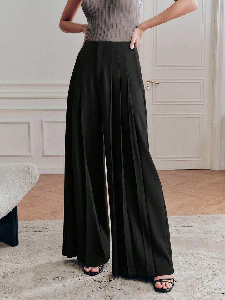 CM-BS227697 Women Elegant Seoul Style High Waist Loose Draping Wide Leg Pants - Black