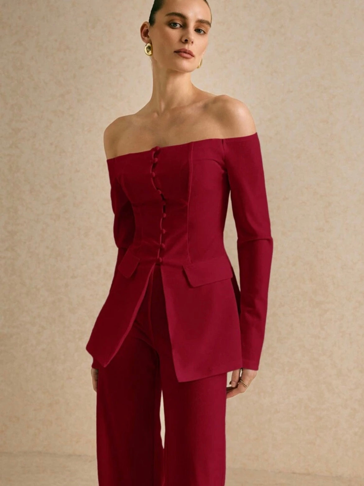 CM-SS302674 Women Elegant Seoul Style Solid Color Off Shoulder Long Sleeve Single Breasted Blazer With Pants - Set