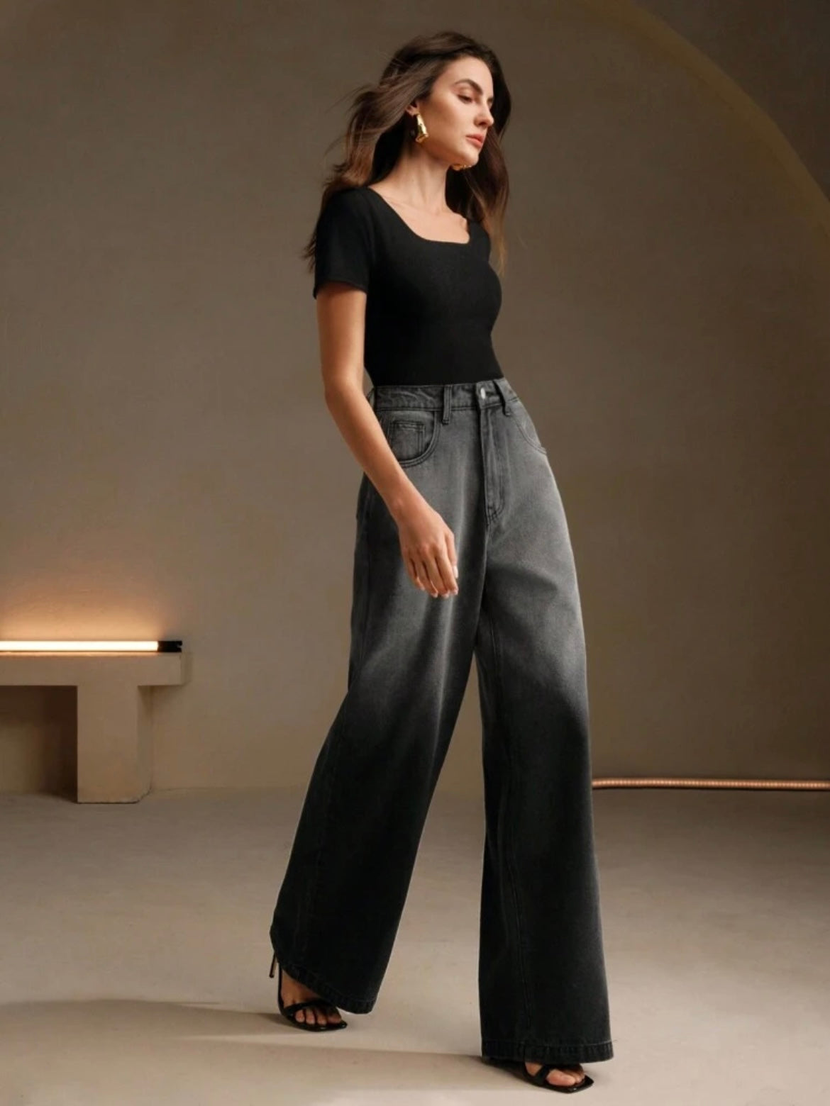 CM-BS998521 Women Casual SeouL Style Tie Dye Tie-Dye High Waist Wide Leg Jeans - Black