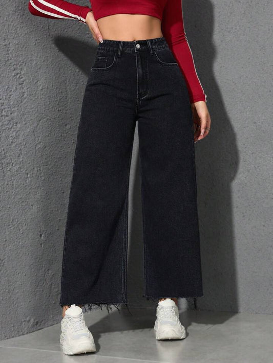 CM-BS883741 Women Casual Seoul Style Solid Color High Waist Wide Leg Jeans - Black