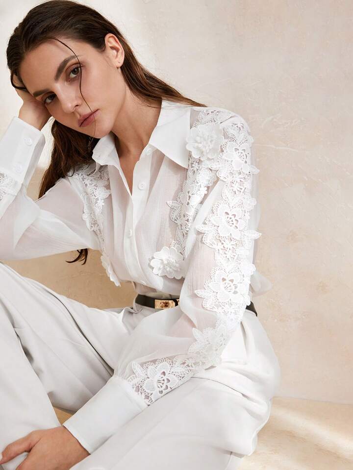 CM-TS788828 Women Elegant Seoul Style 3D Floral Embroidered Collar Necklone Long Sleeve Shirt