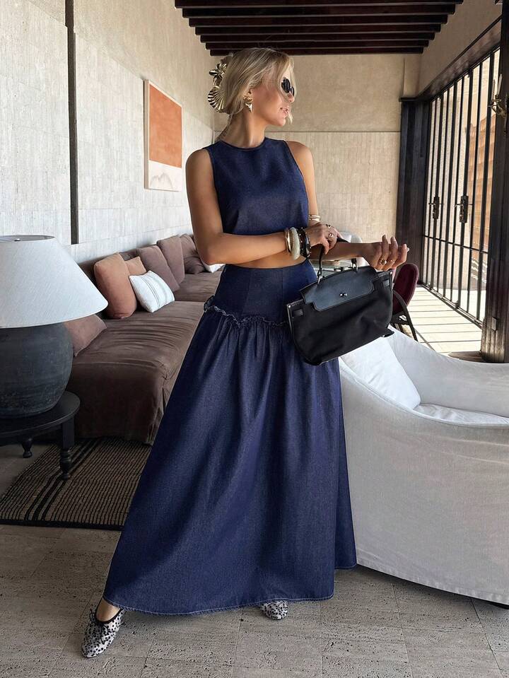 CM-SS155777 Women Casual Seoul Style Dark Wash Sleeveless Denim Vest Top With Flared Long Skirt - Set