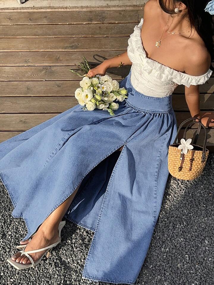 CM-BS244233 Women Casual Seoul Style Solid Color High Waist Pleated Long Denim Skirt - Blue