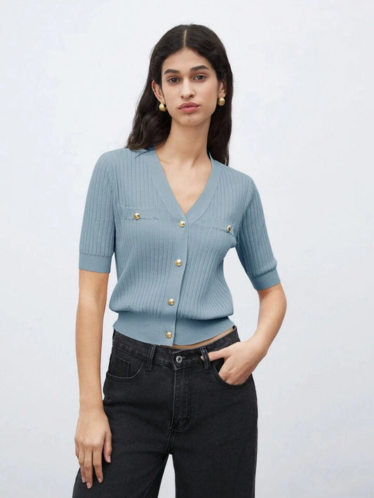 CM-TS565668 Women Casual Seoul Style V-Neck Short Sleeve Button Front Knit Blouse - Blue