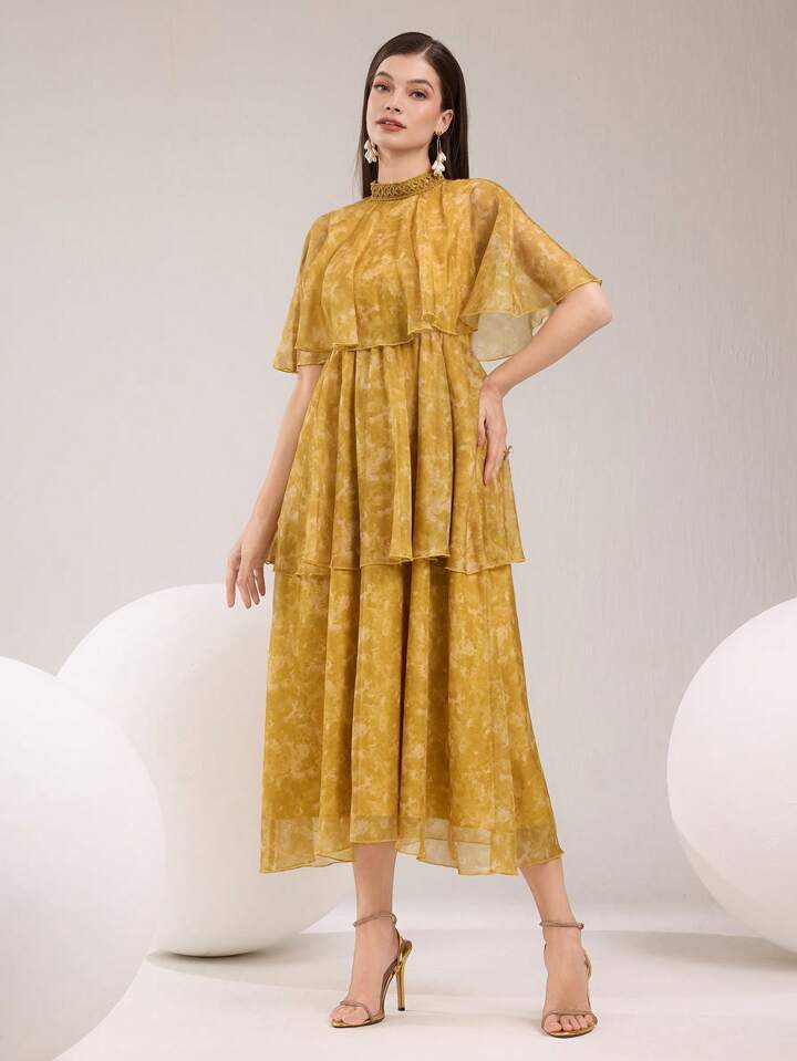 CM-DS651232 Women Elegant Seoul Style Stand Collar Flounce Sleeve Multi-Layered Mid-Length Dress - Yellow