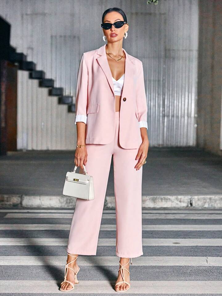 CM-SS822898 Women Elegant Seoul Style 3/4 Sleeve Lapel Blazer With Long Pants Suit - Pink