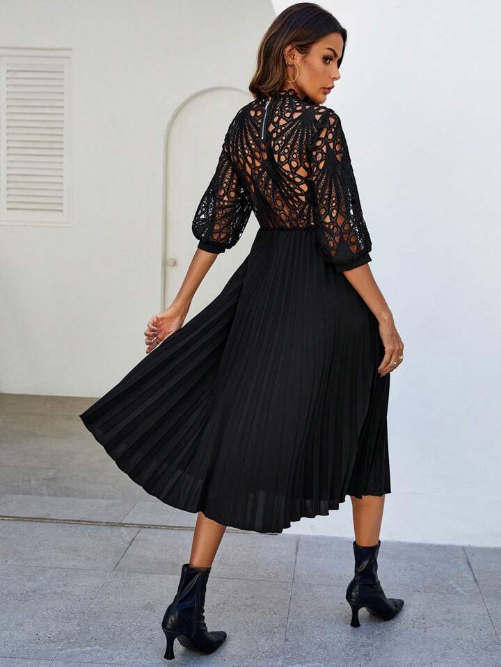 CM-DS634518 Women Trendy Bohemian Style Patchwork Corded Lace Pleated Hem Dress - Black