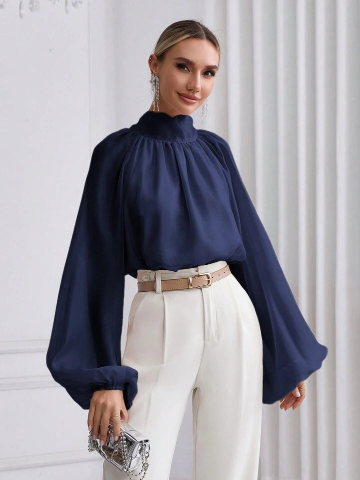 CM-TS940136 Women Elegant Seoul Style High Neck Lantern Sleeve Shirt - Navy Blue