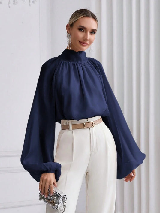 CM-TS940136 Women Elegant Seoul Style High Neck Lantern Sleeve Shirt - Navy Blue