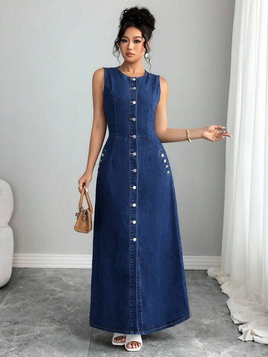 CM-DS817222 Women Elegant Seoul Style Minimalist Round Neck Sleeveless Button-Down Denim Dress - Blue