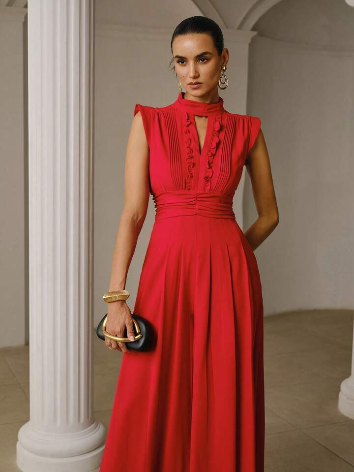CM-JS328191 Women Elegant Seoul Style Notched Neckline Sleeveless Gathered Wide Leg Jumpsuit - Red