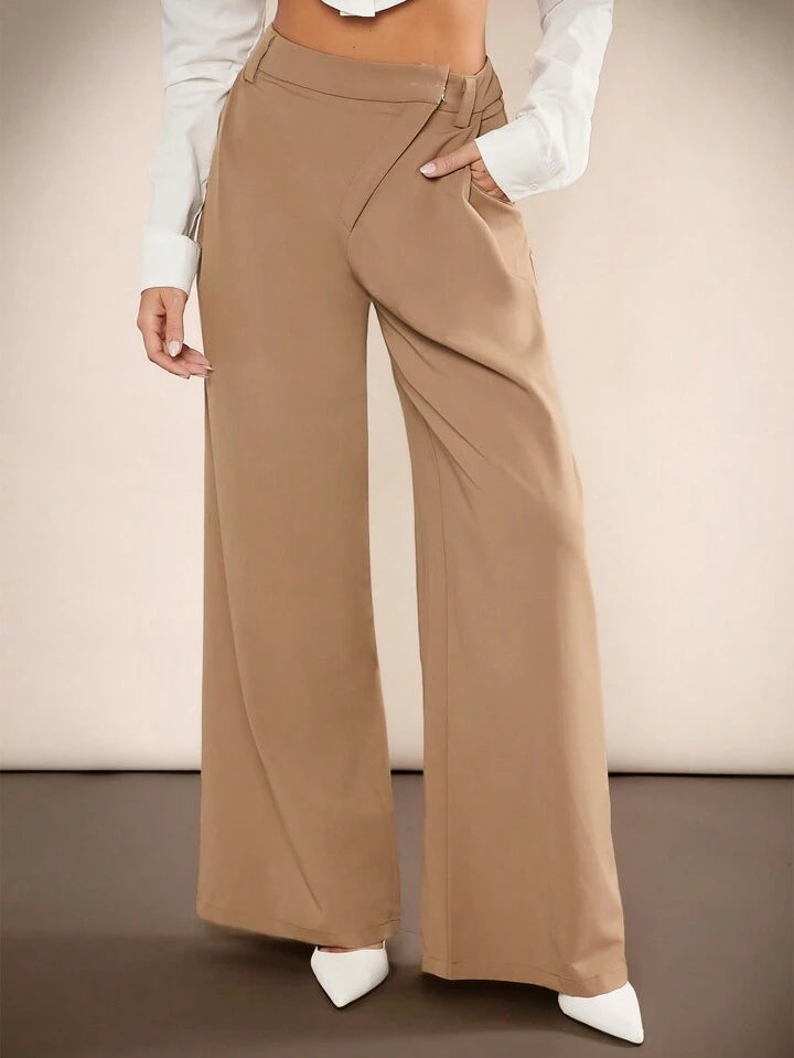 CM-BS199782 Women Elegant Seoul Style Solid Color Drop Waist Wide-Leg Long Pants - Khaki