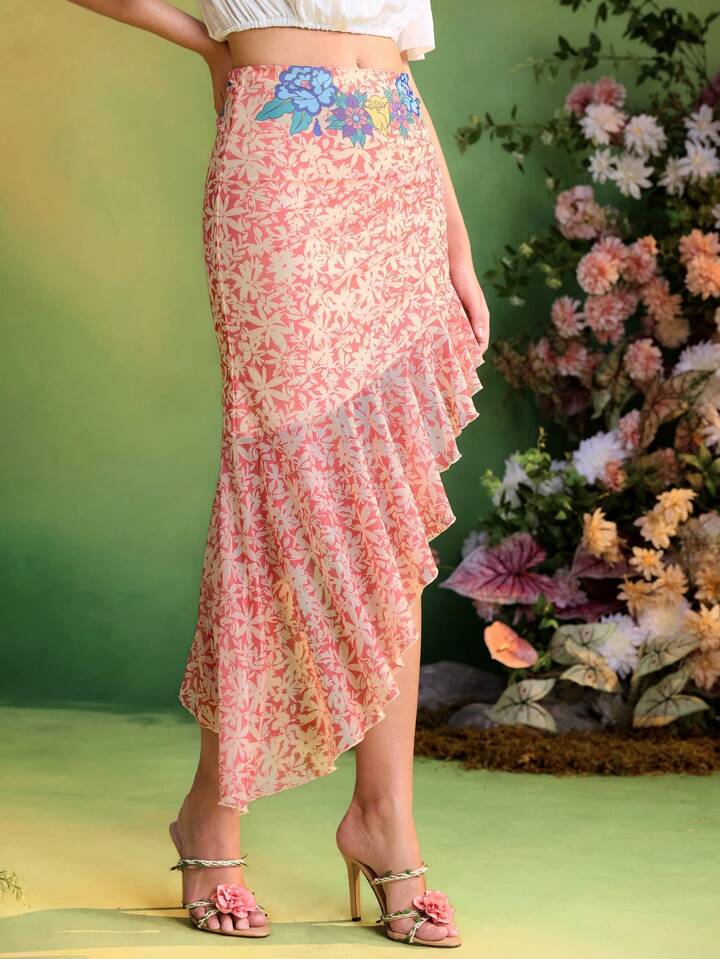 CM-BS223385 Women Casual Seoul Style Floral Print Colorblock Asymmetrical Ruffles Mesh Skirt