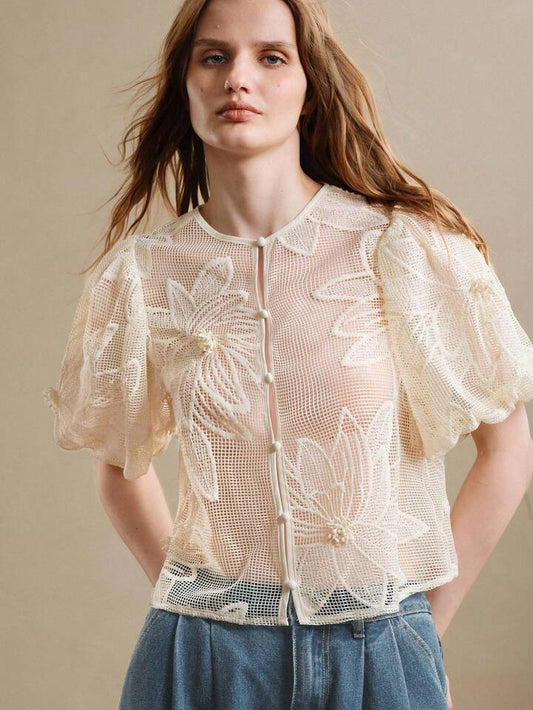 CM-TS586778 Women Elegant Seoul Style Lace Hollow Petal Sleeve Floral Design Blouse - Apricot