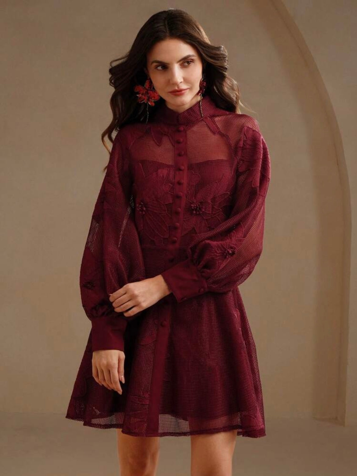 CM-DS494349 Women Elegant Seoul Style Collar Neckline Lace Cinched Waist Lantern Sleeve Dress - Red