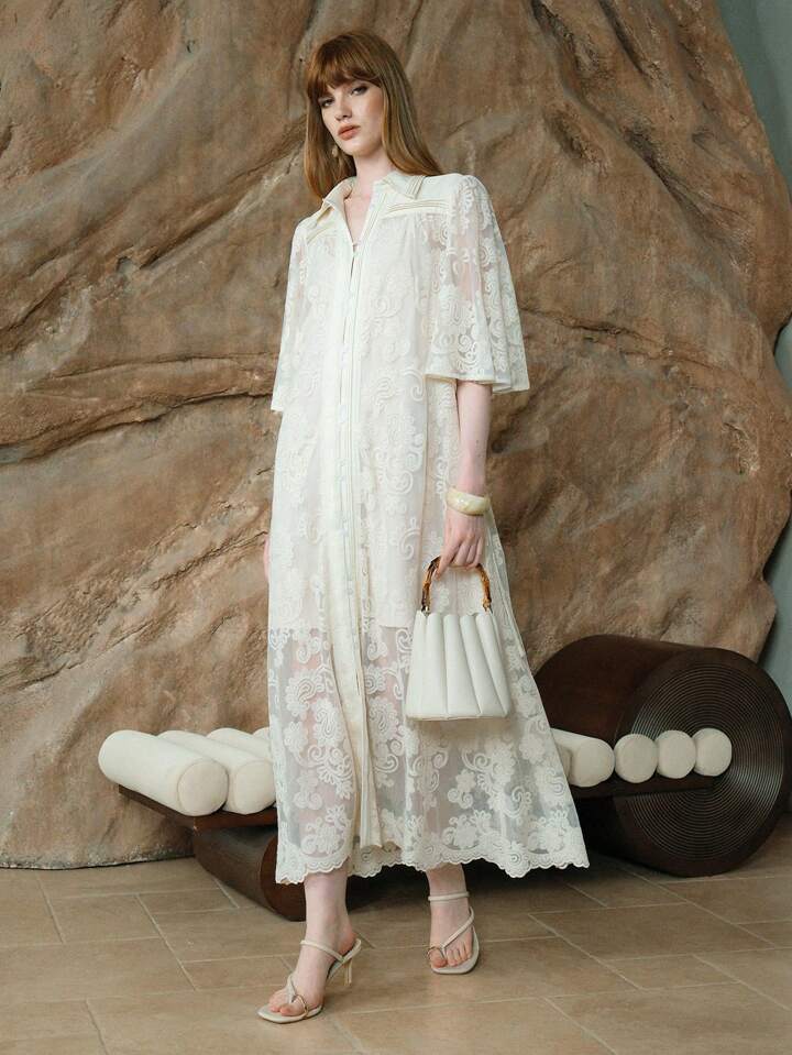CM-DS317369 Women Trendy Bohemian Style Floral Jacquard Collar Neckline Half Sleeve High Waist Shirt Dress