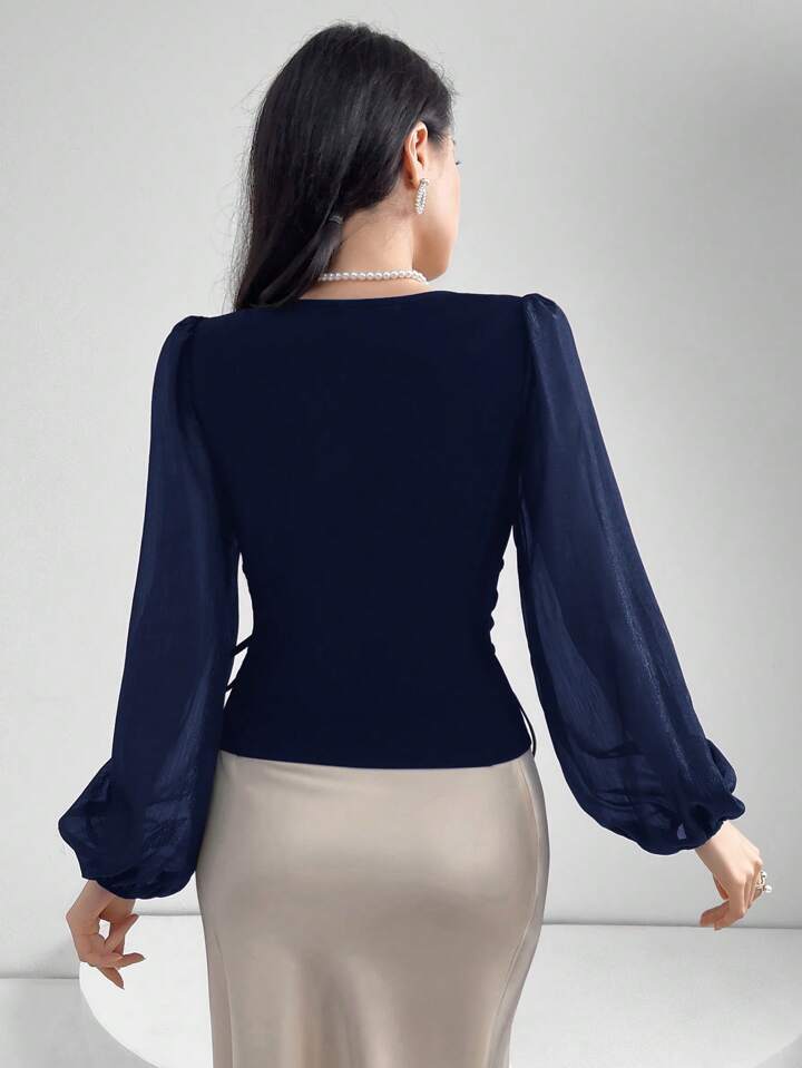CM-TS858875 Women Elegant Seoul Style Sheer V-Neck Puff Lantern Sleeves Lace-Up Detail Blouse - Navy Blue