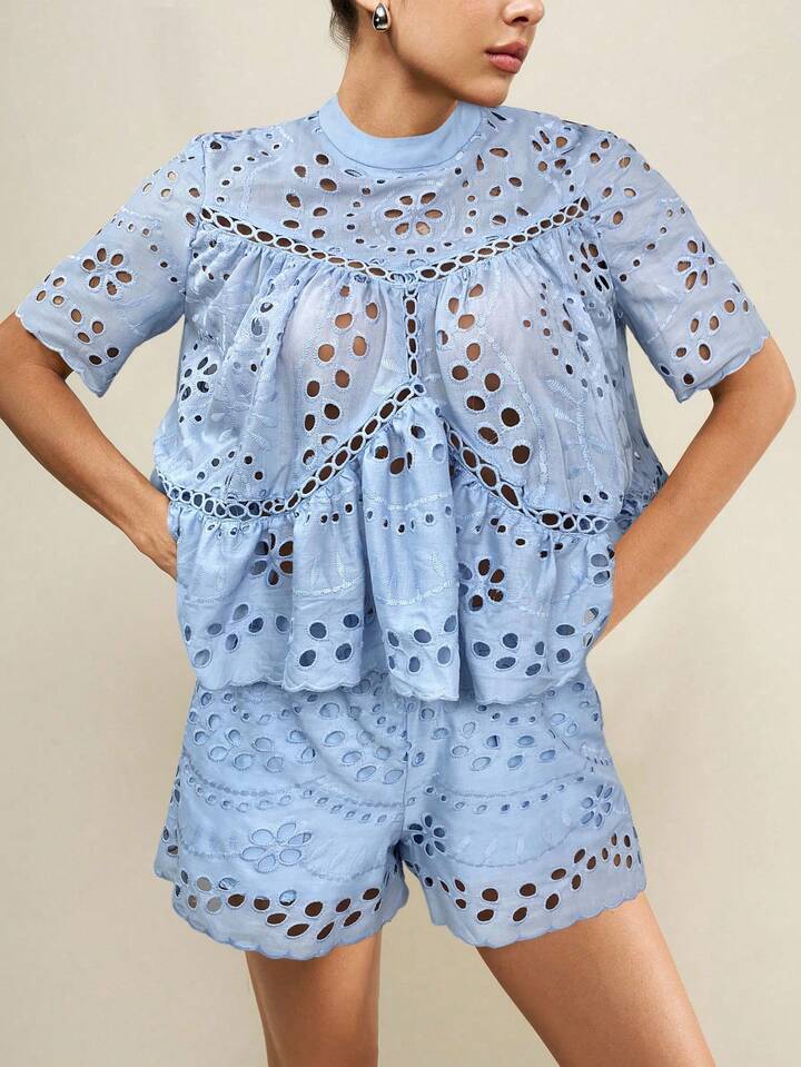 CM-SS474340 Women Casual Seoul Style Hollow Out Embroidered Loose Blouse With Wide Loose Shorts - Set