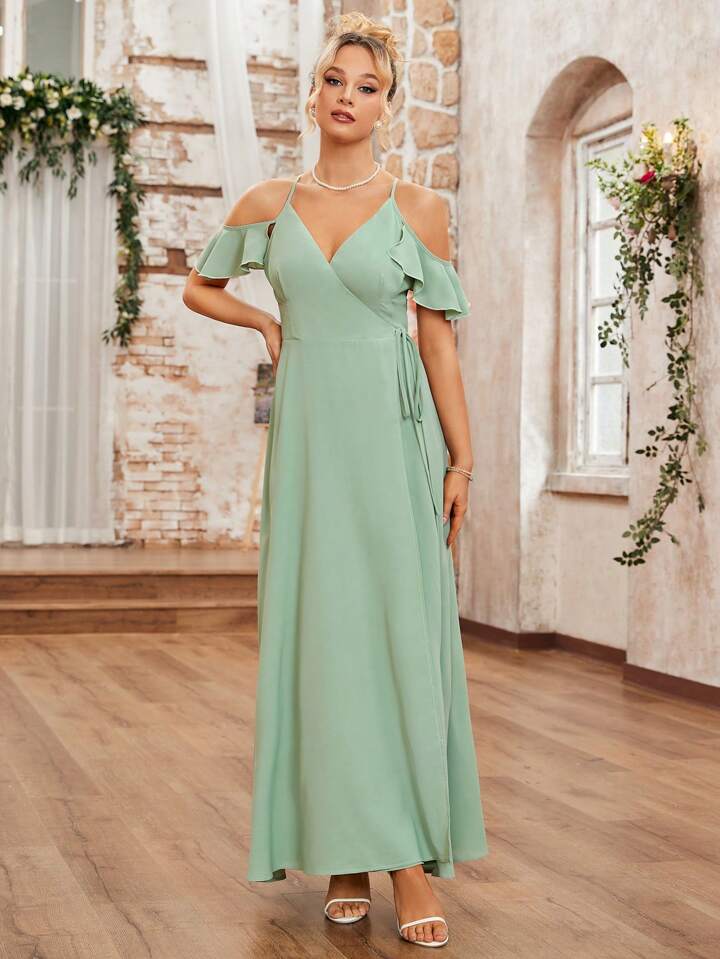CM-DS684880 Women Elegant Seoul Style Off-Shoulder Wrap Front Knotted Dress - Green