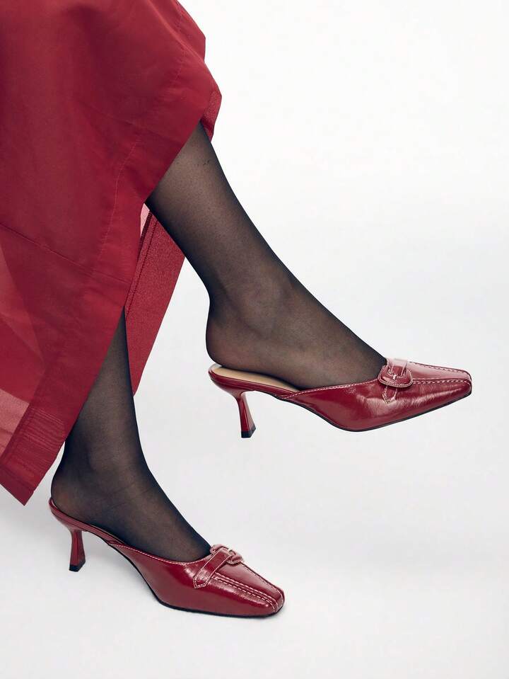 CM-SHS859258 Women Trendy Seoul Style Buckle Design High Heel Mules - Burgundy