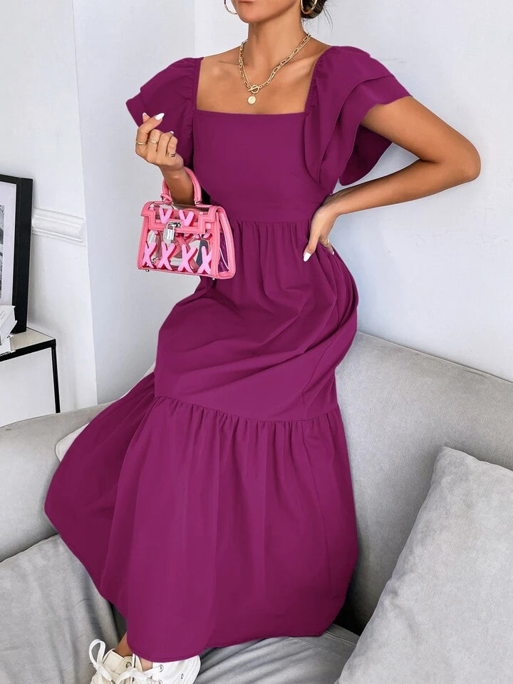 CM-DS813851 Women Trendy Bohemian Style Layered Sleeve Ruffle Hem Dress - Purple