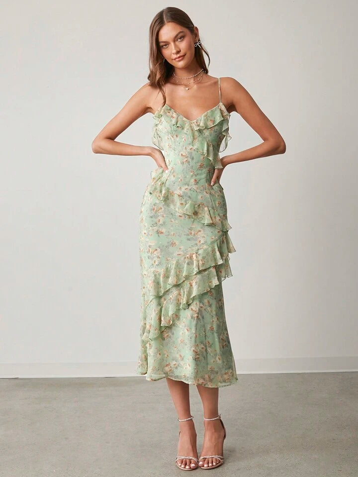 CM-DS882497 Women Elegant Seoul Style Floral Print Ruffle Trim Spaghetti Strap Sleeveless Long Dress - Green