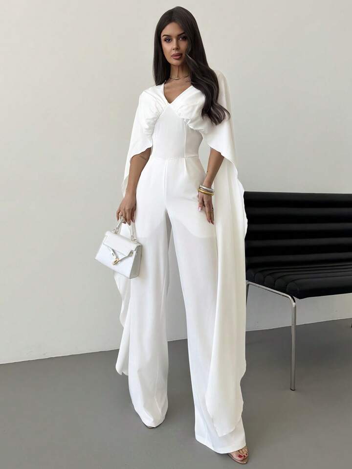 CM-JS484041 Women Elegant Seoul Style V-Neck Cape Extra Long Sleeves Waist Tie A-Line Wide Leg Jumpsuit - White