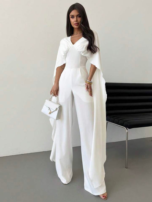 CM-JS484041 Women Elegant Seoul Style V-Neck Cape Extra Long Sleeves Waist Tie A-Line Wide Leg Jumpsuit - White