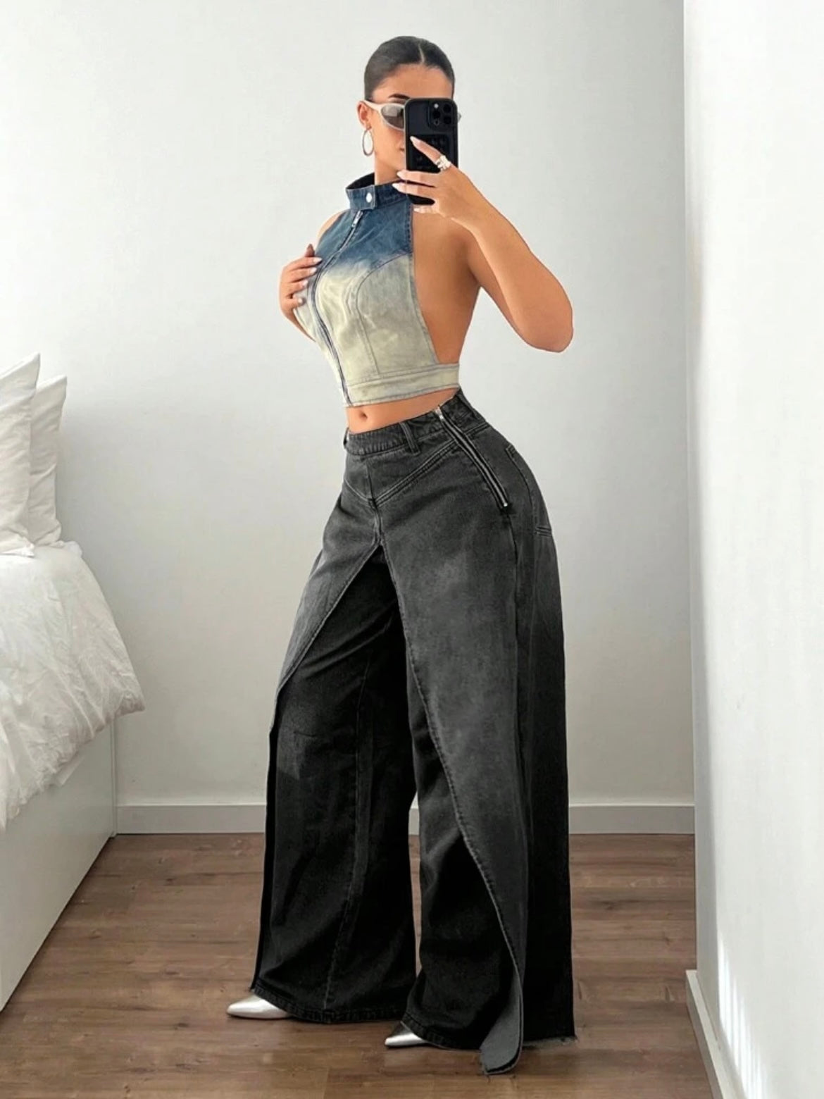 CM-BS673717 Women Casual Seoul Style Vintage Wash Drop-Waist Wide Leg Denim Jeans - Black