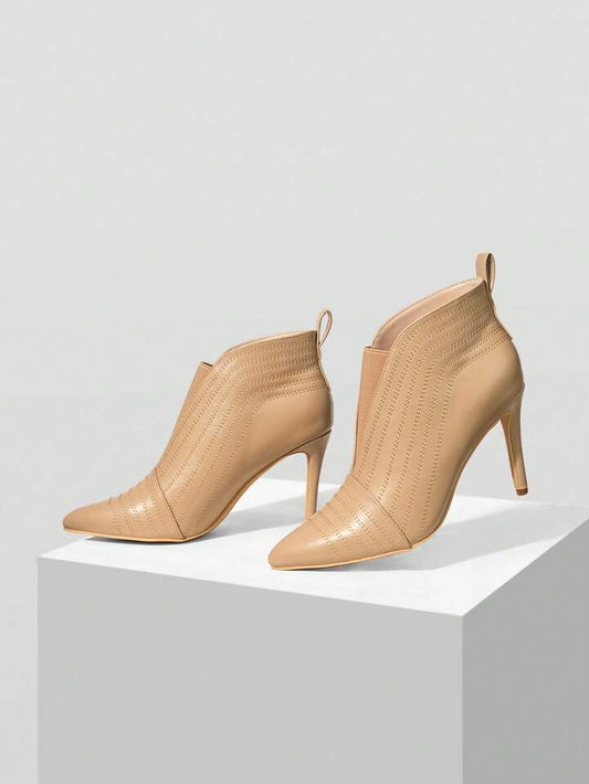 CM-SHS070792 Women Trendy Seoul Style Quilted Line Pointed Toe High Heel Ankle Boots - Apricot