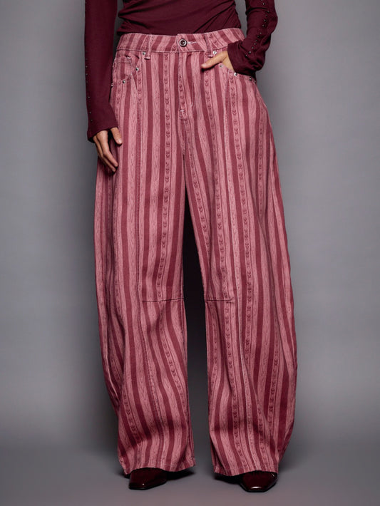 CM-BS265839 Women Elegant Seoul Style Mid Waist Striped Loose-Fitting Flare Leg Trousers - Hot Pink