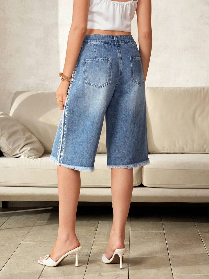 CM-BS298062 Women Casual Seoul Style Pocket Button Faux Pearl Decor Frayed Hem Denim Shorts - Blue